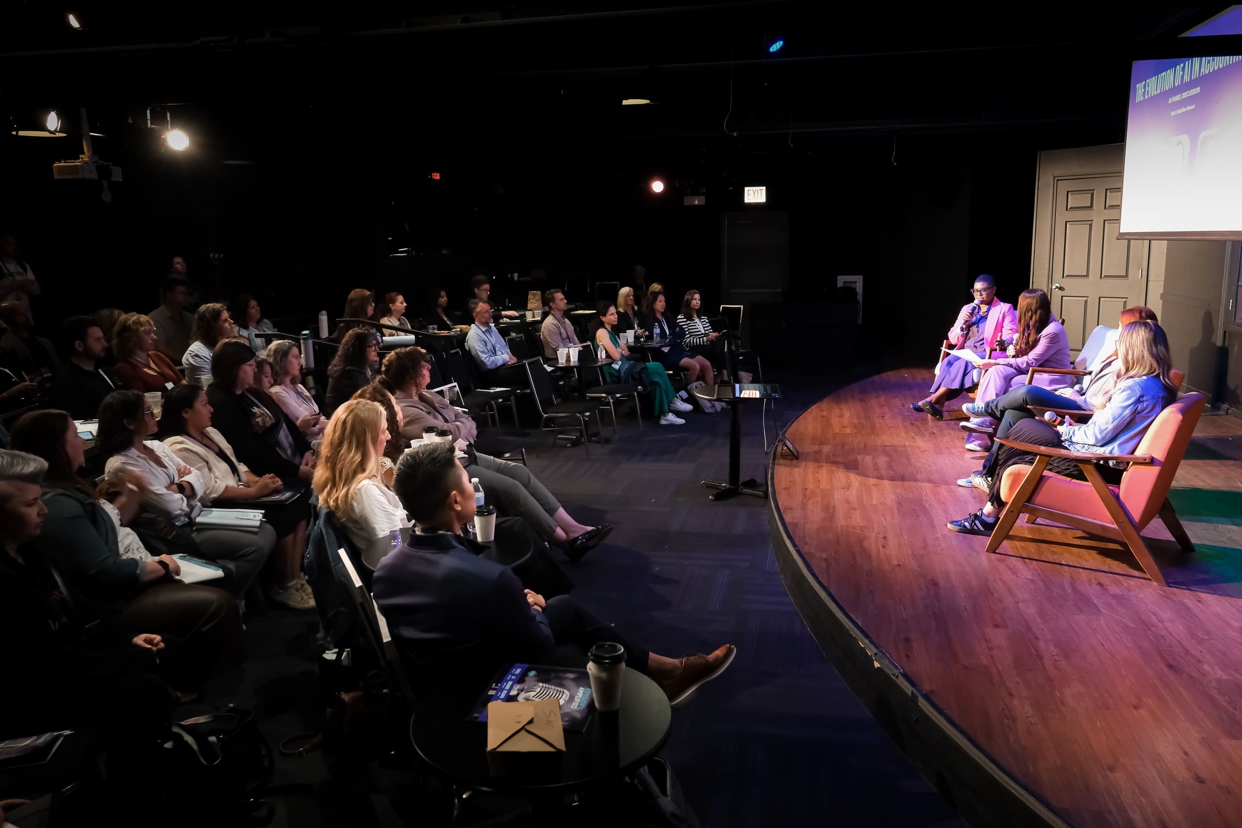 The Fremont theater event venue in Lincoln Park Chicago set up for a workshop round-table discussion